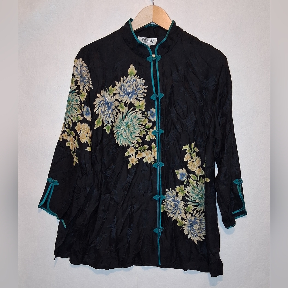 Vintage Robbie Bee Floral Sequins Silk Jacket ASIAN design Frog Closure Size 18W